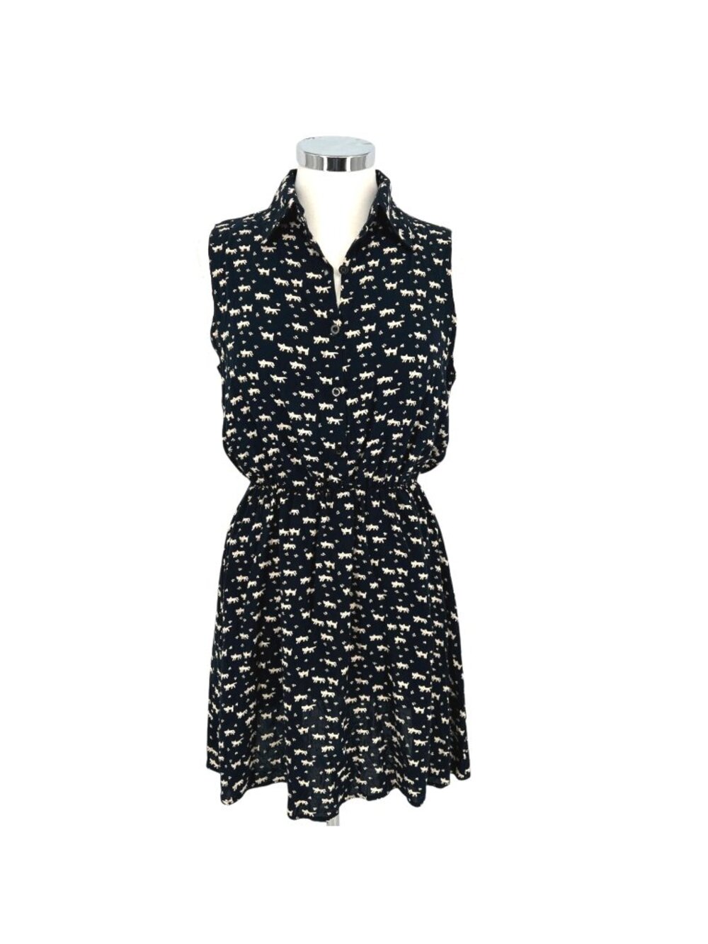 Favolook Cat Print Sleeveless Collared Shirt Dress Black Size Medium Mod Preppy